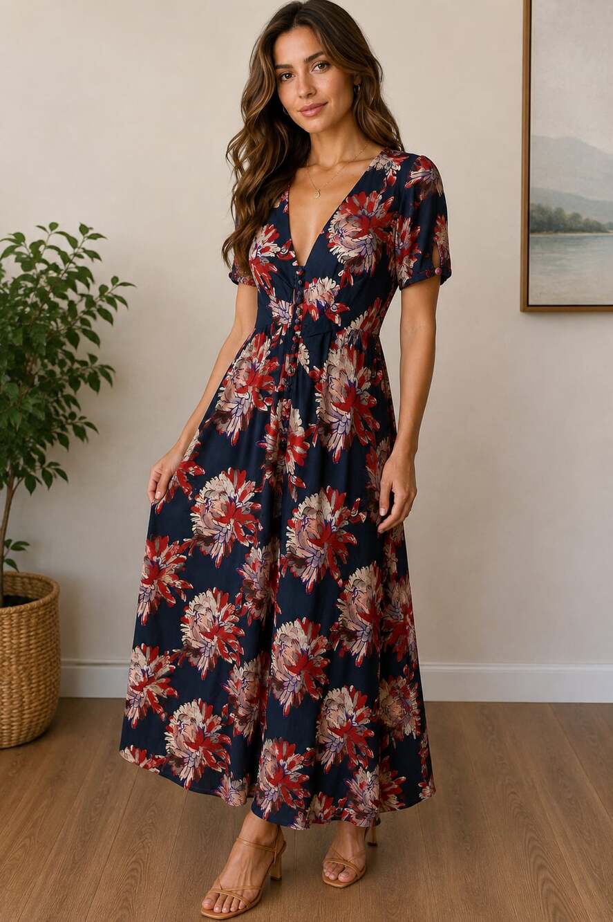 NWT Dress Forum Floral Midi Maxi Dress Womens M Navy Button Front Boho Cottage